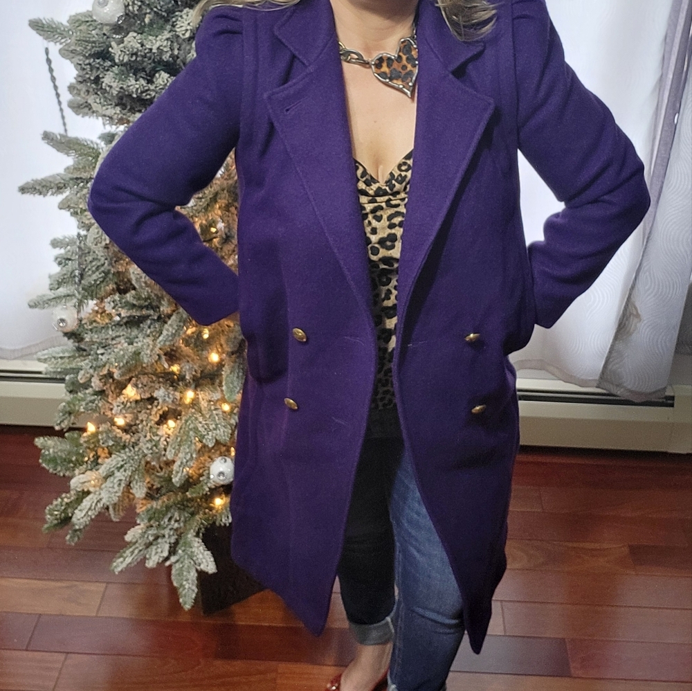 Karizma East Ltd Royal Purple 100% Wool Double Breasted Long Coat USA Ma